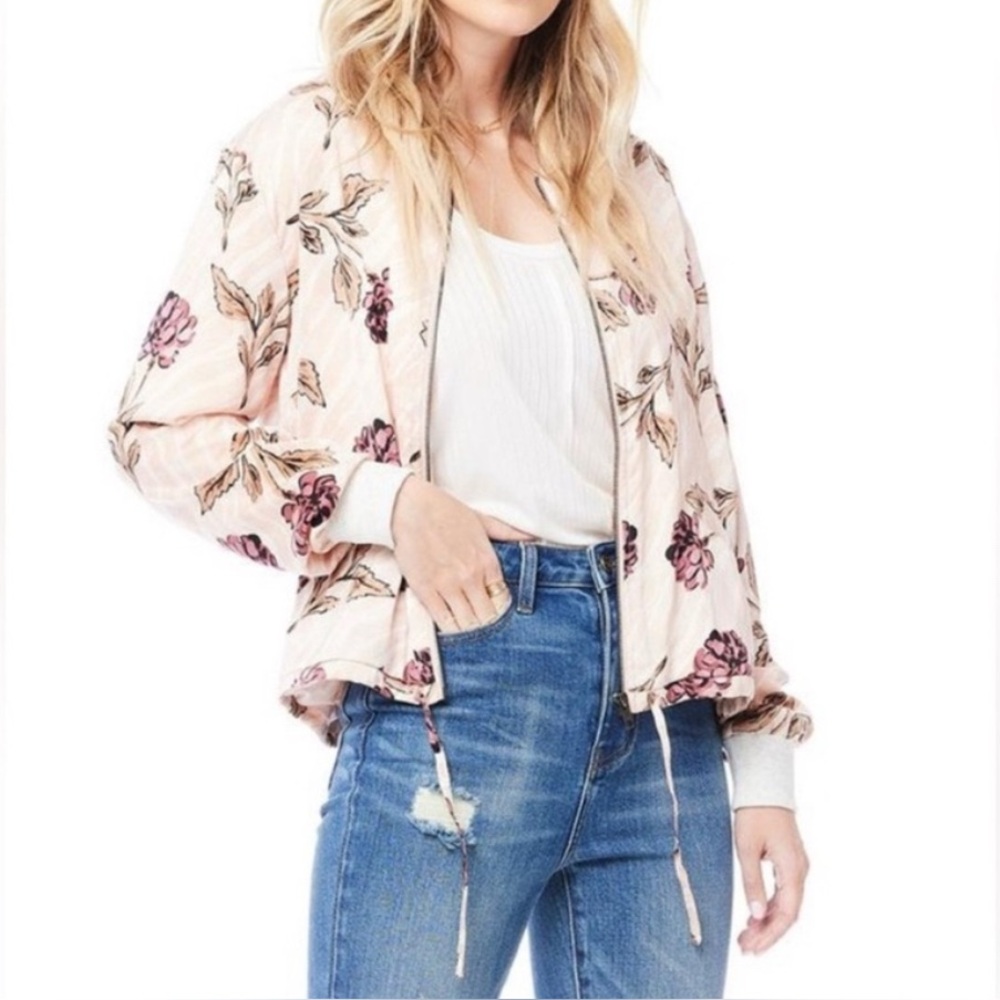 Anthropologie Pink Floral Bomber Jacket
